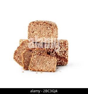 Rye bread creative composition isolated on white background clipping path included. Whole grain bread with sunflower seeds. Healthy eating and dieting Stock Photo