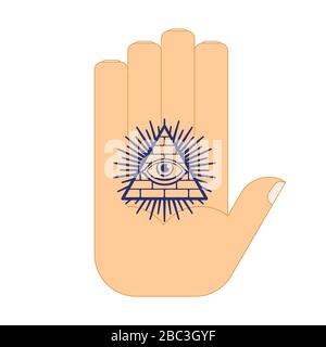 All-seeing eye arm tattoo. Symbol of world government. Illuminati conspiracy theory. sacred sign. Pyramid with an eye. Stock Vector