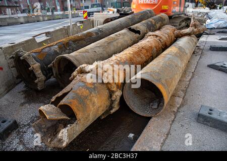 Replaced rusty old water pipes or sewer lines Stock Photo