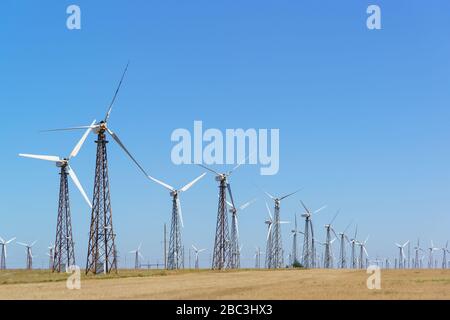 Vertical Wind power Stations (VES) with 'airplane wing' in Crimea . An inexhaustible source of energy Stock Photo