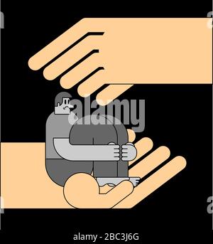Hand helps Lonely man in depression. Unhappy guy sitting and hugging ...