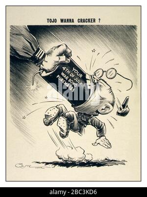Vintage WW2 Cartoon caricature USA ' Tojo want a cracker' ? Your 4th of July war bond purchases ca. 1940s American war against Imperial Japan. Hideki Tojo (December 30, 1884 – December 23, 1948) was a Japanese politician and general of the Imperial Japanese Army served as Prime Minister of Japan and President of the Imperial Rule Assistance Association for the majority of World War II. Executed for war crimes
