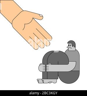 Hand helps Lonely man in depression. Unhappy guy sitting and hugging ...