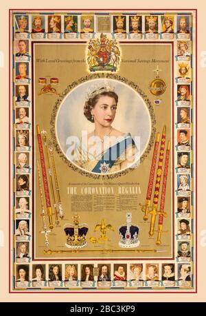 CORONATION REGALIA POSTER Vintage 1950s British information poster issued by the National Savings Committee as a souvenir of the Coronation of Her Majesty Queen Elizabeth II - The Coronation Regalia, on June 2, 1953. Poster features a portrait of Her Majesty Queen Elizabeth II with portraits of all of her historic predecessors displayed as a frieze on the margins of the poster. The poster also shows the two Crowns, Swords, Spurs, Bracelets, the Ring, the Orb, the Sceptre and the Staff that the Queen received during the Coronation ceremony. June 2 1953. Stock Photo