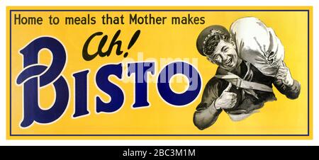 AH BISTO GRAVY vintage poster circa First World War vintage advertising poster: “Ah! Bisto Home to meals that Mother Makes”. poster featuring a black and white illustration of a smiling young sailor in uniform coming home from the War WW1 carrying a heavy duffle bag over his shoulder and giving the viewer the thumbs up  UK, 1920s, Stock Photo