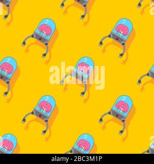 Brain with robot hands pattern seamless. Artificial intelligence with human organs. Technology of the future. Brain cyborg with iron hands. Robotic in Stock Vector