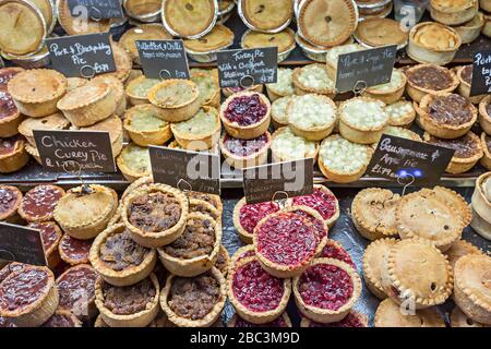 Pies on sale, deli counter, UK Stock Photo