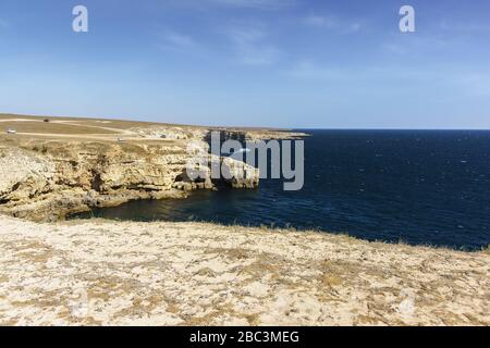 The beautiful rocky coast on Cape Tarkhankut is a natural attraction of the Western Crimea. Sunny day Stock Photo