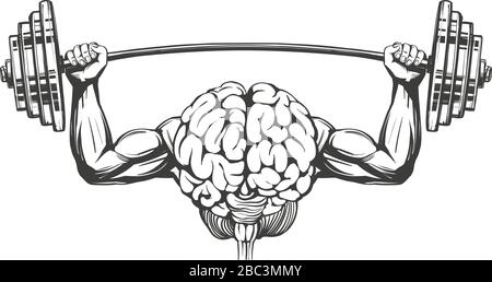 brain with strong hands, brain training, icon cartoon hand drawn vector illustration sketch Stock Vector