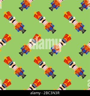 Nutcracker retro soldier pattern seamless. Wooden Guardsman background. Hussar toy ornament. Baby fabric texture. vector illustration Stock Vector