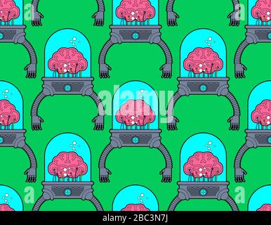 Brain with robot hands pattern seamless. Artificial intelligence with human organs. Technology of the future. Brain cyborg with iron hands. Robotic in Stock Vector