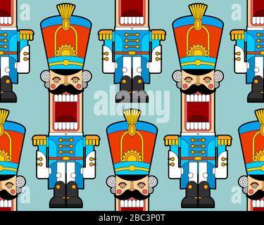 Nutcracker retro soldier pattern seamless. Wooden Guardsman background. Hussar toy ornament. Baby fabric texture. vector illustration Stock Vector