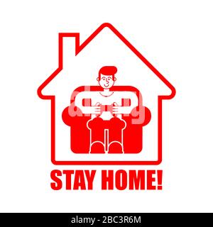 Stay at home. Gamer playing at home. Coronavirus isolation mode. Quarantine from the virus. Pandemic. Stock Vector