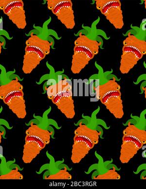 Carrot monster GMO pattern seamless. Angry Orange Vegetable with teeth background. Hungry Alien Food. vector texture Stock Vector