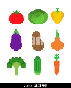 Vegetables pixel art set. 8 bit Vegetable. Pixelate Tomato and cabbage. Bell pepper and eggplant. Potatoes, onions and broccoli. Cucumber and carrots. Stock Vector