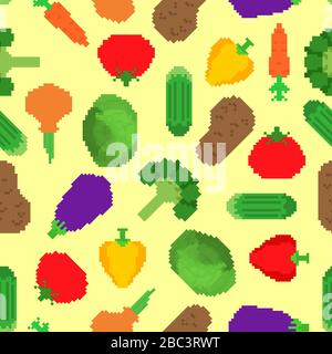Vegetables pixel art pattern seamless. 8 bit Vegetable background . Pixelate Tomato and cabbage. Bell pepper and eggplant. Potatoes, onions and brocco Stock Vector