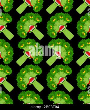 Broccoli monster GMO mutant pattern seamless. Angry Vegetable with teeth background. Hungry Alien Food. vector texture Stock Vector