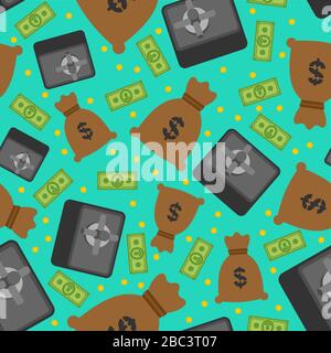 Bank pattern seamless. Safe and bag of money background. Coins and dollars texture Stock Vector