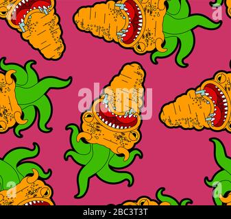 Carrot monster GMO pattern seamless. Angry Orange Vegetable with teeth background. Hungry Alien Food. vector texture Stock Vector