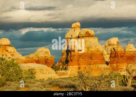 late golden light on the red rocks of the maze in canyonlands utah Stock Photo