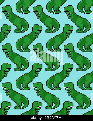 Tyrannosaurus pixel art pattern seamless. Dino 8 bit background. Dinosaur Pixelate ornament. Baby fabric texture vector Stock Vector