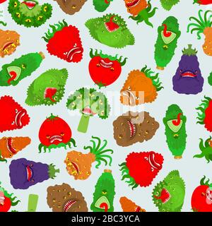 Vegetables monster pattern seamless. Vegetable GMO mutant background . genetically modified Tomato and cabbage texture. Bell pepper and eggplant. Pota Stock Vector