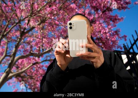 woman using cell phone outdoors in nature Stock Photo