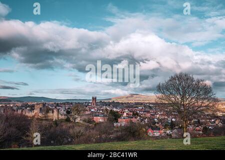 Rainy clouds over Ludlow view from Whitcliffe at early spring in Shropshire, United Kingdom Stock Photo
