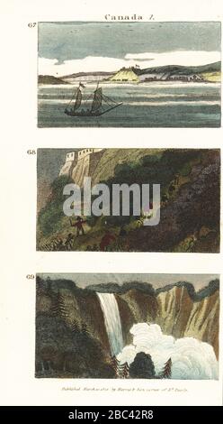 View of Quebec on the St. Lawrence river 67, General James Wolfe’s attack on Quebec via the Abraham Heights, 1759 68, and view of Montmorency Falls 69. Handcoloured copperplate engraving from Rev. Isaac Taylor’s Scenes in America, for the Amusement and Instruction of Little Tarry-at-Home Travelers, John Harris, London, 1821. Stock Photo