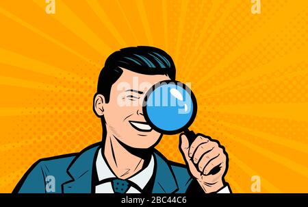 Businessman looking through magnifying glass. Retro comic pop art vector illustration Stock Vector