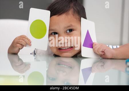 Young boy holding flash cards to learn about basic shape recognition and colors. Stock Photo