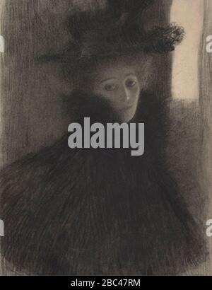 Gustav Klimt Drawing of a Woman with Cape and Hat in Three-quarter Profile 1897–1898. Black and red crayon. 44.6 x 31.8 cm. Image courtesy of the Albertina Vienna.. Stock Photo