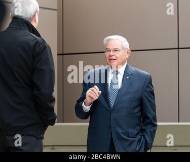 New Jersey Governor Phil Murphy (D) and U.S. Senator Bob Menendez (D-NJ) are seen at the Field Medical Station. Stock Photo