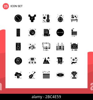 Set of 25 Commercial Solid Glyphs pack for desk, microphone, summer, globe, growth Editable Vector Design Elements Stock Vector
