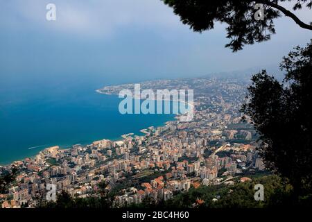 Panoramic aerial view of Jounieh, Lebanon, and the Mediterranean Sea, from the hillside of Harissa.  Middle East, color Stock Photo