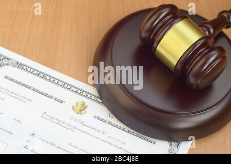 Justice mallet and United States Certificate of Naturalization document close up Stock Photo