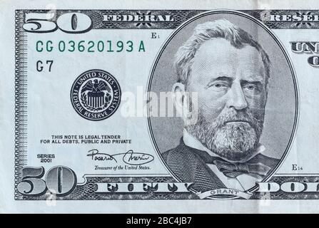 Portrait of US president Ulysses Simpson Grant on 50 dollars banknote closeup macro fragment. United states fifty dollars money bill close up Stock Photo
