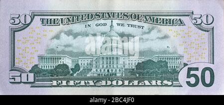 US Capitol on 50 dollars banknote back side closeup macro fragment. United states fifty dollars money bill close up Stock Photo