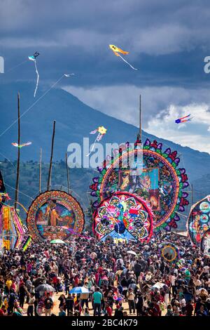 Kites fly at the Sumpango Kite Festival on Day of the Dead in Guatemala. Stock Photo