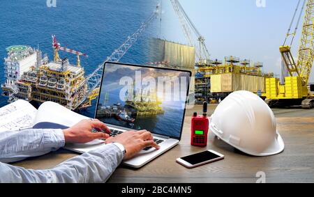 Industry of crude rig at oilfield. and construction offshore rig for production oil and gas. Operation process concept by engineer or technician from Stock Photo