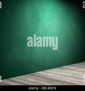 Rubbed out chalk on a greenboard, wooden floor Stock Photo