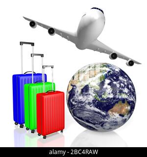 3D Earth/ world map, suitcases, jet plane - travelling concept Stock Photo