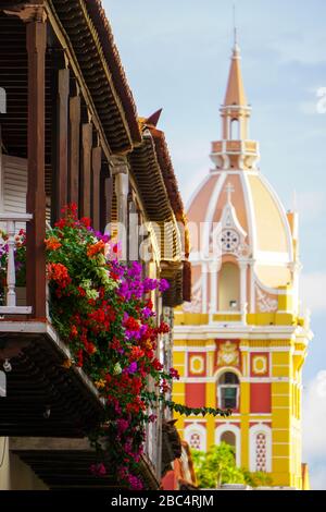 wooden balconies with flowers, colonial architecture of cartagena colombia Stock Photo