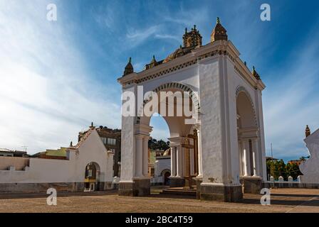 Arch construction on the square in front of the Basilica of Our Lady of Copacabana at sunset, Copacabana city, Bolivia. Stock Photo