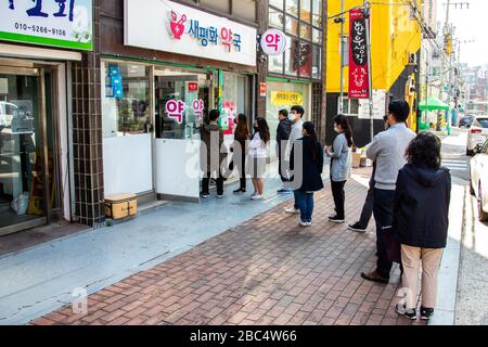 In line for mask distrubtion, wearing masks during the Coronavirus pandemic, Seoul, South Korea Stock Photo