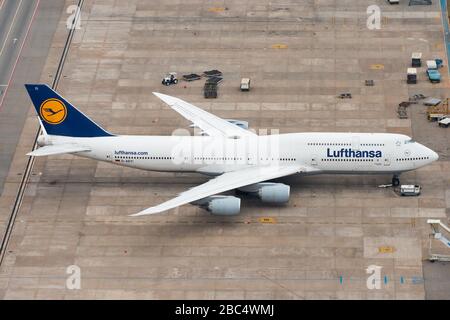 Lufthansa Boeing 747 parked at Guarulhos Airport in Sao Paulo, Brazil. Boeing 747-8 Intercontinental aerial view parked at a remote stand. Stock Photo