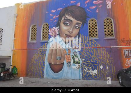 A large mural of a woman with short hair and a pink flower covers a wall in distinctive street art in central Casablanca, Morocco. Stock Photo