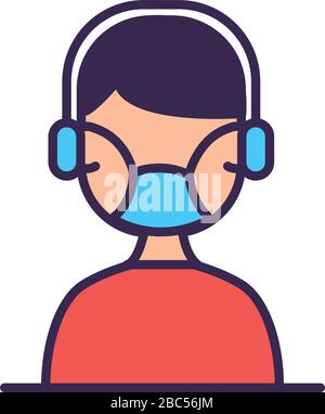 call center worker with headset and face mask line and fill Stock Vector