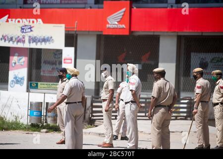 Ambala Haryana India, 02 April 2020.Police Controlling the Curfew or Lock down by Blocking the road via barricade. To Avoid Social Gathering and Maint Stock Photo