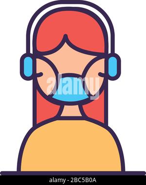 call center worker with headset and face mask line and fill Stock Vector